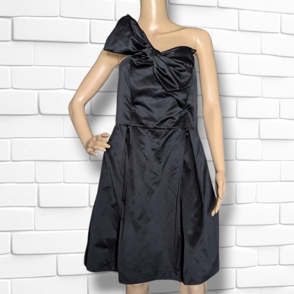 Black Satin Mini Cocktail Party Dress Bubble Hem Shoulder Bow Kate Young Size 14
